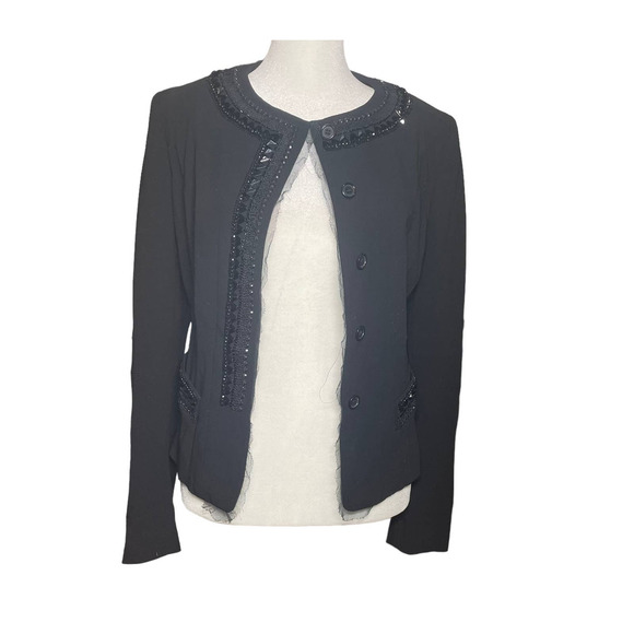DKNY Embellished Black Lace Trim Wool Blend Blazer Jacket Women's Size 2 Event - Picture 1 of 16